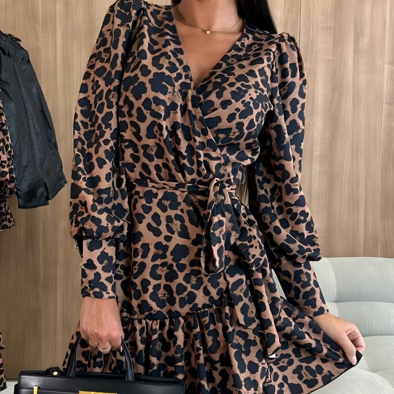 💖Black-Friday-Mega-Angebot – 50 % Rabatt!💖Leopardenprint Wickelkleid mit V-Ausschnitt und Taillengürtel