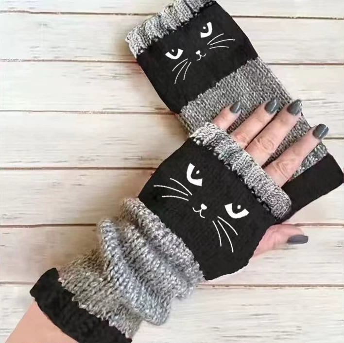 🔥Warm und kuschelig🧤Damen-Strickhandschuhe ohne Finger mit süßem Katzenmuster🐱