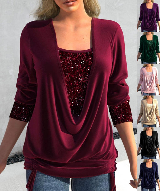 💜LETZTER TAG VERKAUF 50% RABATT💜Pailletten Fake-Zweiteiler-Top - Elastisches Glitzerstoff-Design mit Raffung für festliche Anlässe