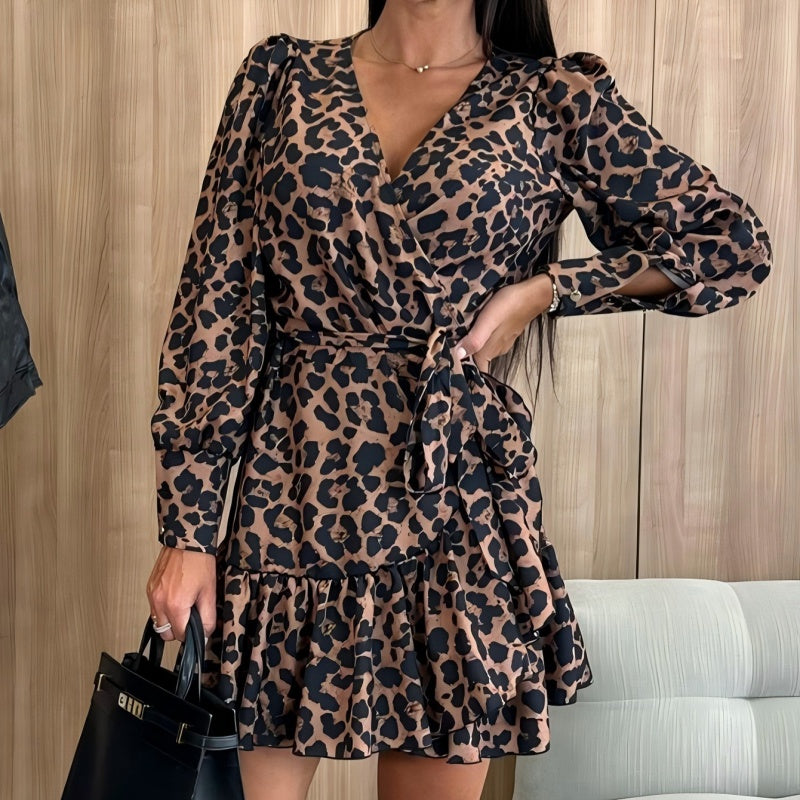 💖Black-Friday-Mega-Angebot – 50 % Rabatt!💖Leopardenprint Wickelkleid mit V-Ausschnitt und Taillengürtel
