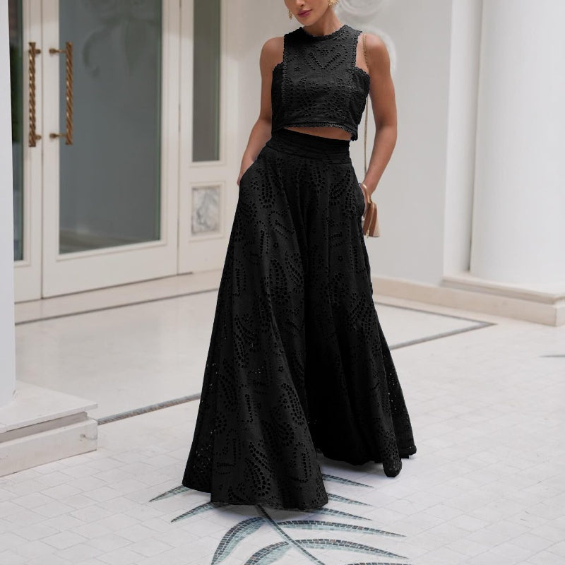 🌿👗Nouveaux produits 2025🔥 Ensemble 2 pièces avec un haut sans manches à découpes et une jupe fluide🌸💖