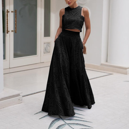 🌿👗Nouveaux produits 2025🔥 Ensemble 2 pièces avec un haut sans manches à découpes et une jupe fluide🌸💖