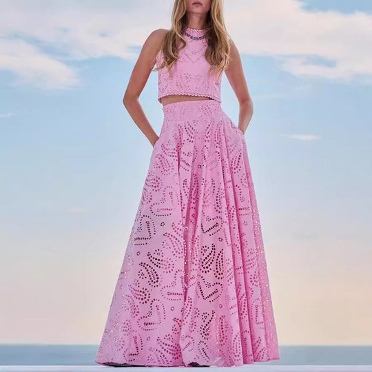 🌿👗Nouveaux produits 2025🔥 Ensemble 2 pièces avec un haut sans manches à découpes et une jupe fluide🌸💖