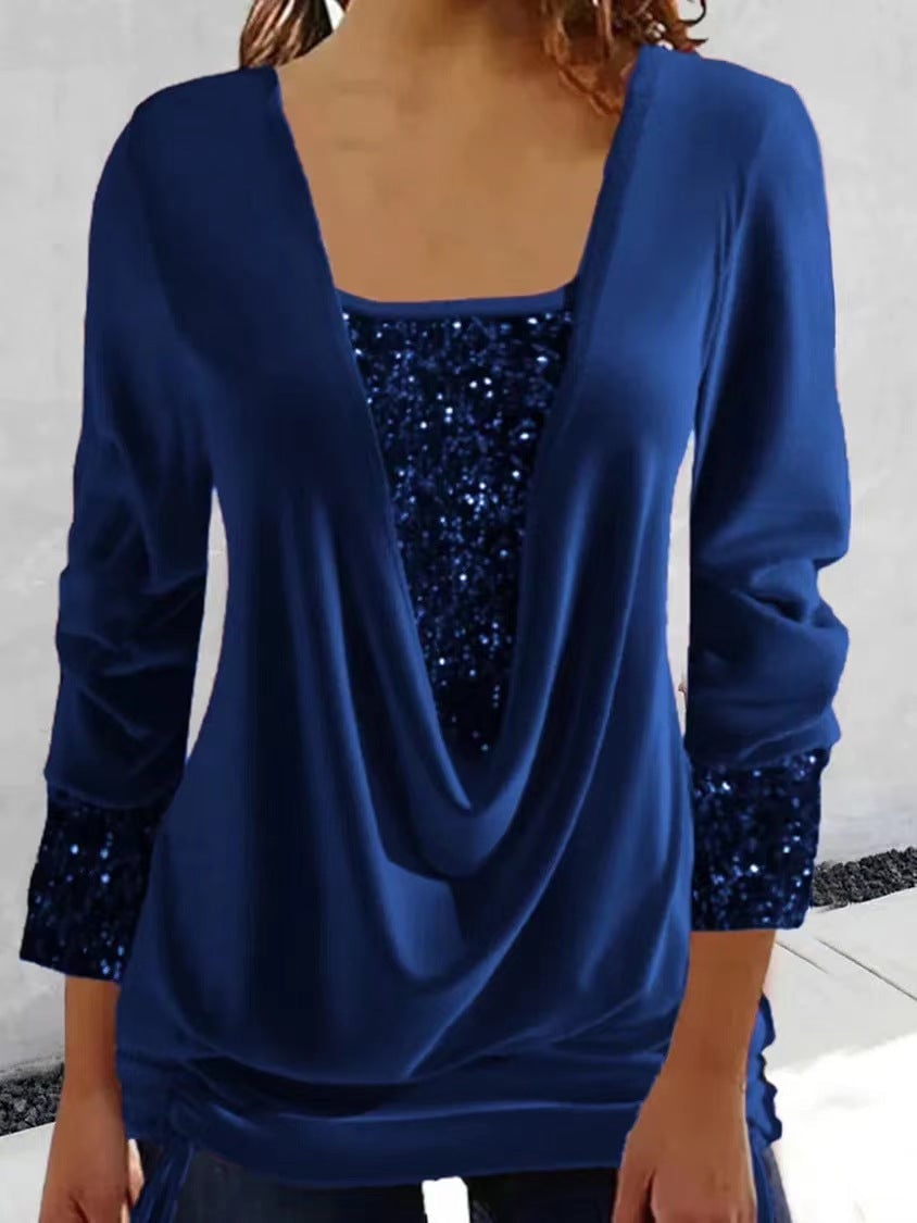 💜LETZTER TAG VERKAUF 50% RABATT💜Pailletten Fake-Zweiteiler-Top - Elastisches Glitzerstoff-Design mit Raffung für festliche Anlässe