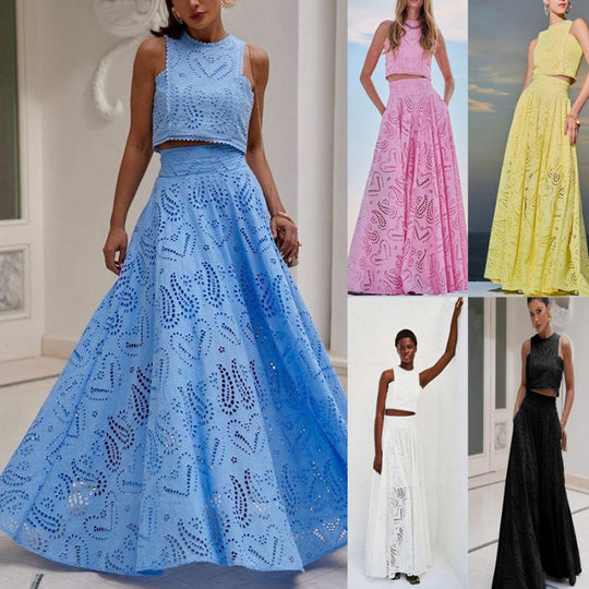 🌿👗Nouveaux produits 2025🔥 Ensemble 2 pièces avec un haut sans manches à découpes et une jupe fluide🌸💖