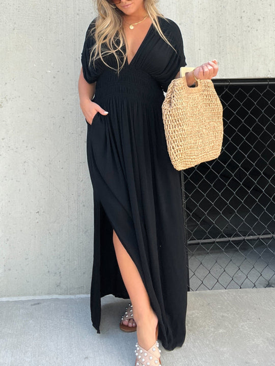 VENTE CHAUDE 💗 ROBE LONGUE FENTE À COL EN V SANS EFFORT