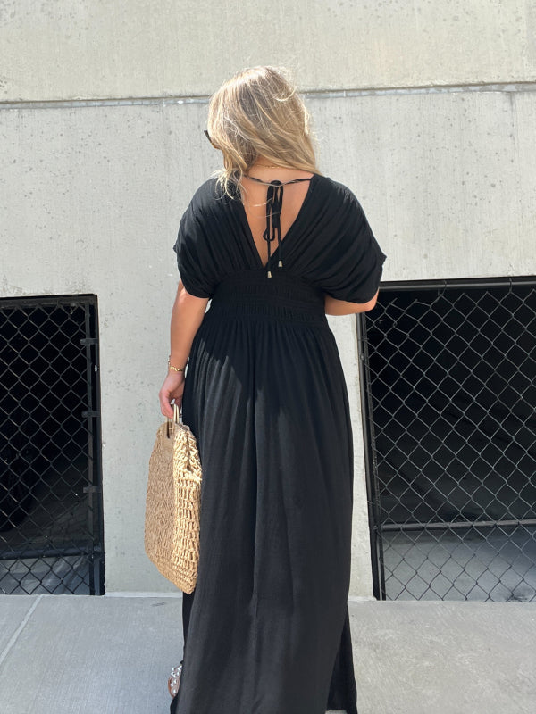 VENTE CHAUDE 💗 ROBE LONGUE FENTE À COL EN V SANS EFFORT