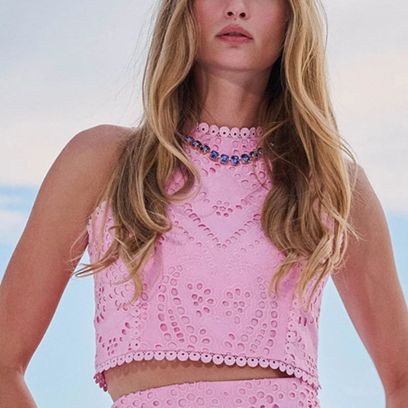 🌿👗Nouveaux produits 2025🔥 Ensemble 2 pièces avec un haut sans manches à découpes et une jupe fluide🌸💖