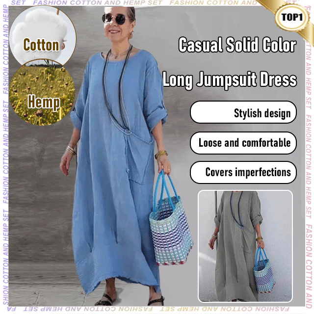 🔥 Saldi primavera 2025 - 50% di sconto✨Tuta lunga casual in cotone e lino, tinta unita, con tasche, scollo rotondo