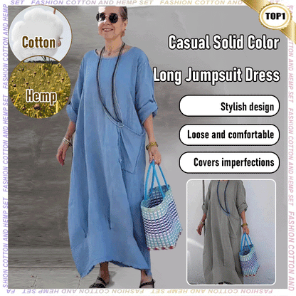 🔥 Saldi primavera 2025 - 50% di sconto✨Tuta lunga casual in cotone e lino, tinta unita, con tasche, scollo rotondo