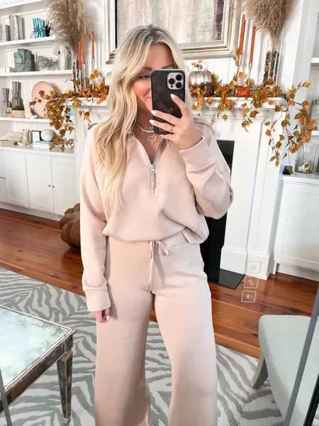 💝🔥Zeitlich begrenzter Sale – 50 % Rabatt🔥Damen-Loungeset aus 2 Teilen mit Oversize-Schnitt, halbem Reißverschluss und weitem Bein