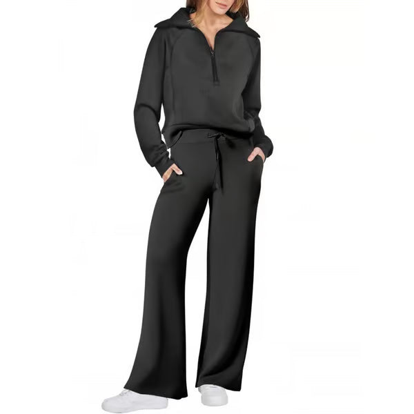 💝🔥Zeitlich begrenzter Sale – 50 % Rabatt🔥Damen-Loungeset aus 2 Teilen mit Oversize-Schnitt, halbem Reißverschluss und weitem Bein