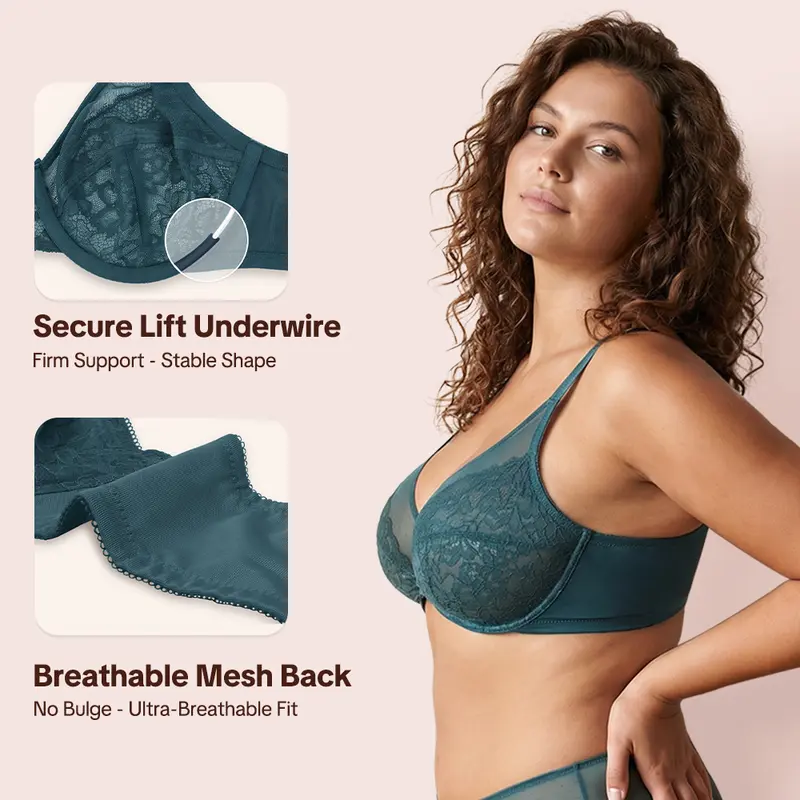 💜Enchante Floral Lace Plus Size Underwire Unlined Unpadded Minimizer Full Coverage Bra Women&
