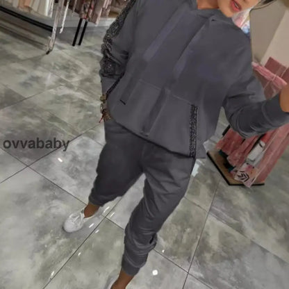 🌸Frühjahrsangebote💐✨Zweiteiliges Set mit Kapuzenoberteil und Hose mit Kordelzug für Frauen