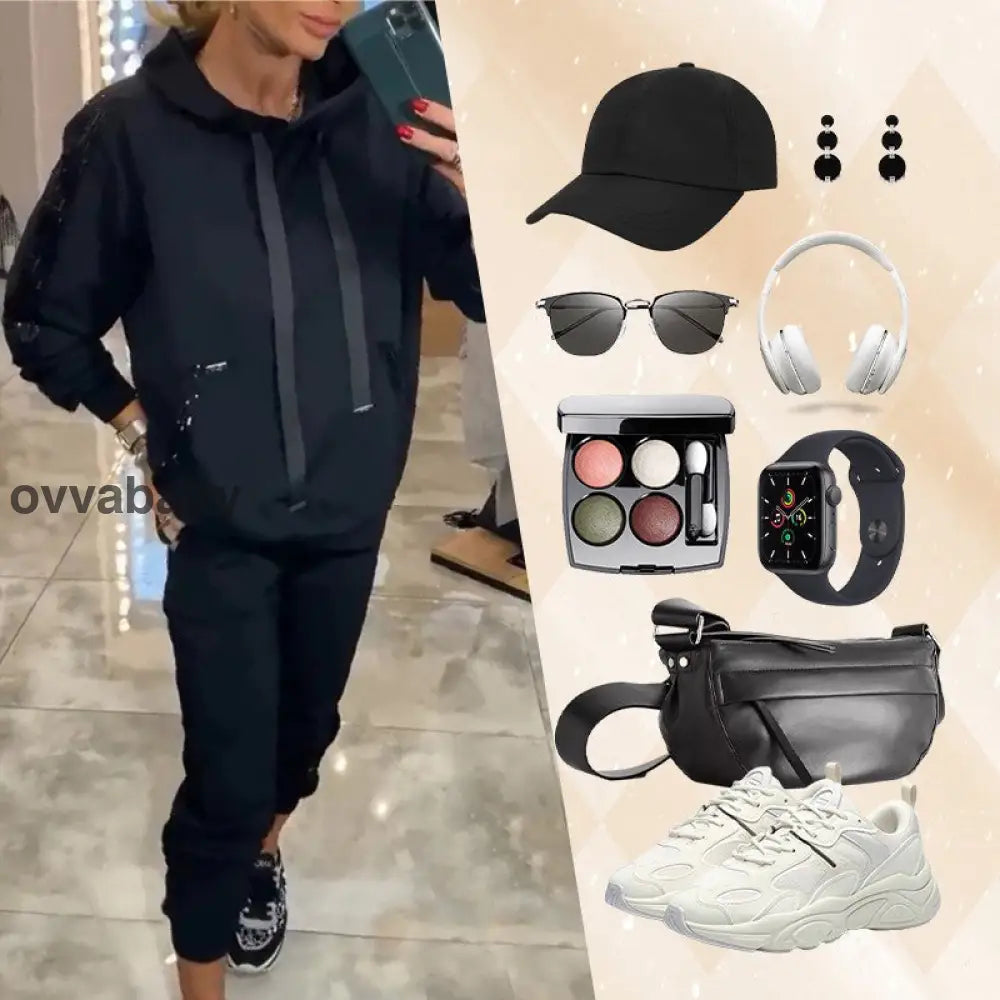 🌸Frühjahrsangebote💐✨Zweiteiliges Set mit Kapuzenoberteil und Hose mit Kordelzug für Frauen