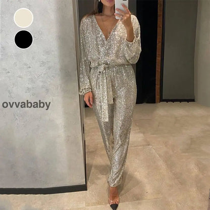 🌟💄Glitzernde Damen Jumpsuits mit V-Ausschnitt und Gürtel (Kostenloser Versand)