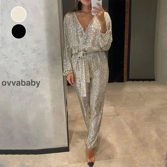 🌟💄Glitzernde Damen Jumpsuits mit V-Ausschnitt und Gürtel (Kostenloser Versand)