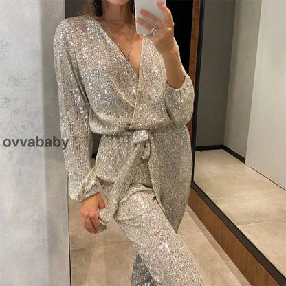 🌟💄Glitzernde Damen Jumpsuits mit V-Ausschnitt und Gürtel (Kostenloser Versand)