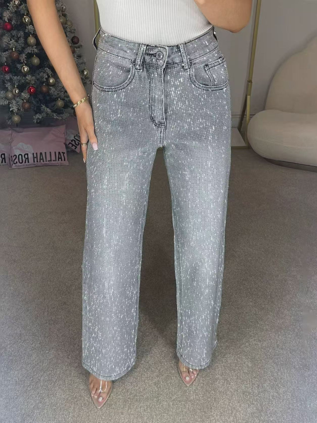 🔥Straight Leg Jeans mit Strasssteinen