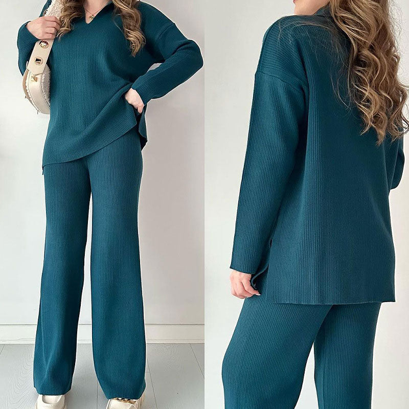 🎁 Completo casual in maglia con scollo a V e spacchi laterali
