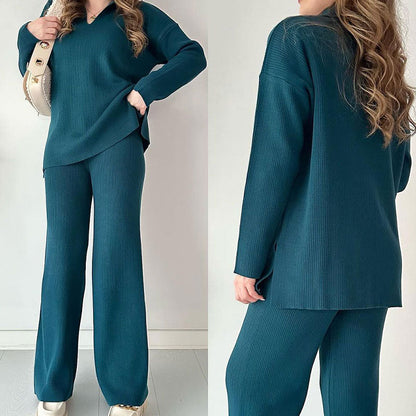 🎁 Completo casual in maglia con scollo a V e spacchi laterali