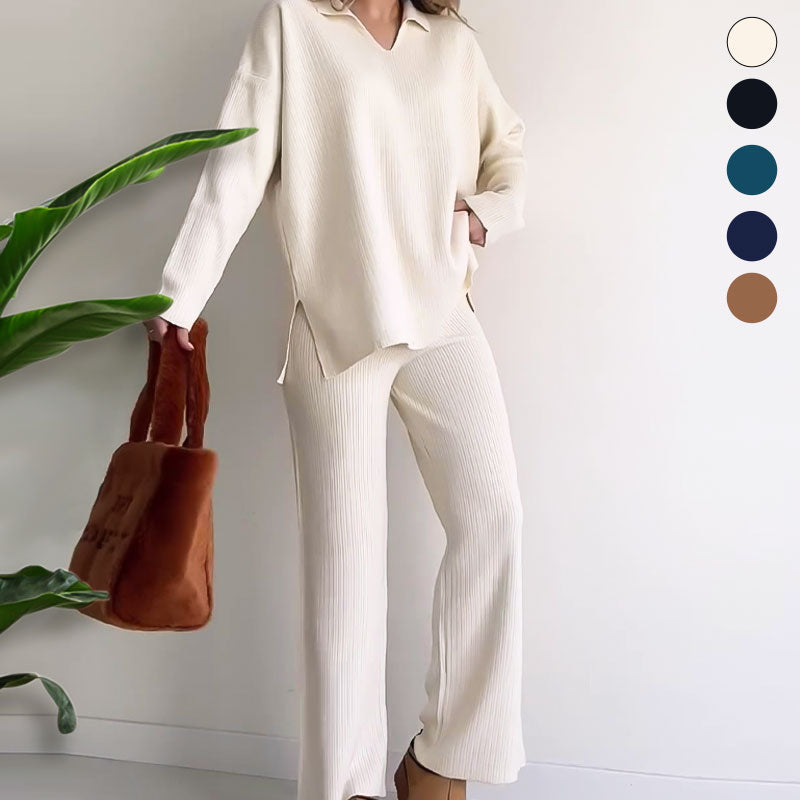 🎁 Completo casual in maglia con scollo a V e spacchi laterali