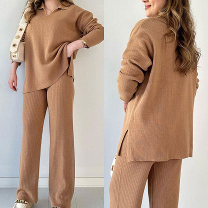 🎁 Completo casual in maglia con scollo a V e spacchi laterali
