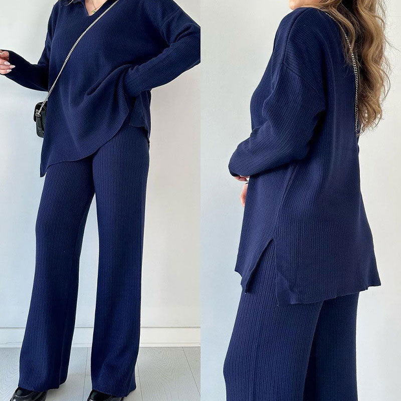 🎁 Completo casual in maglia con scollo a V e spacchi laterali