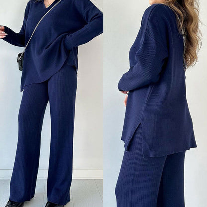 🎁 Completo casual in maglia con scollo a V e spacchi laterali
