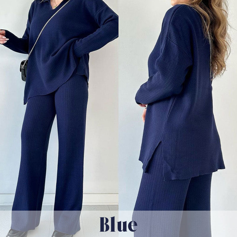 🎁 Completo casual in maglia con scollo a V e spacchi laterali