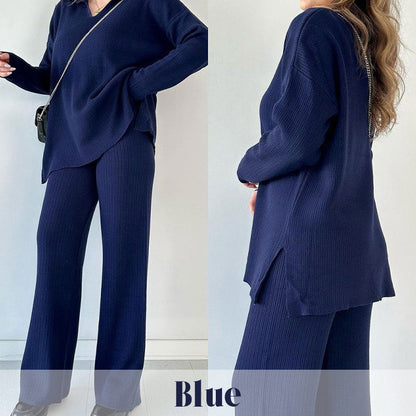 🎁 Completo casual in maglia con scollo a V e spacchi laterali