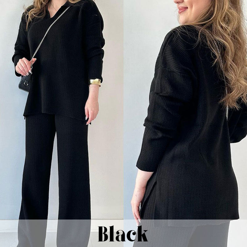 🎁 Completo casual in maglia con scollo a V e spacchi laterali