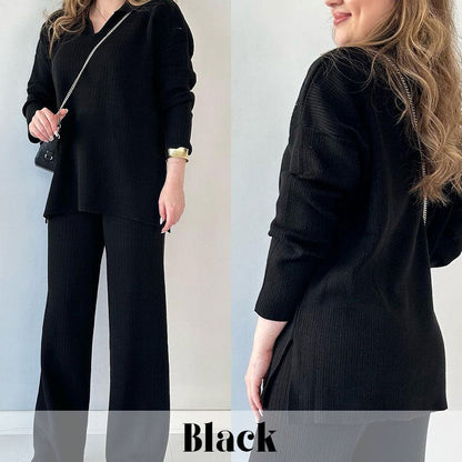🎁 Completo casual in maglia con scollo a V e spacchi laterali
