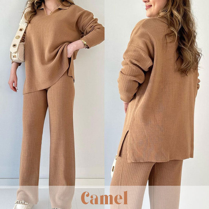 🎁 Completo casual in maglia con scollo a V e spacchi laterali