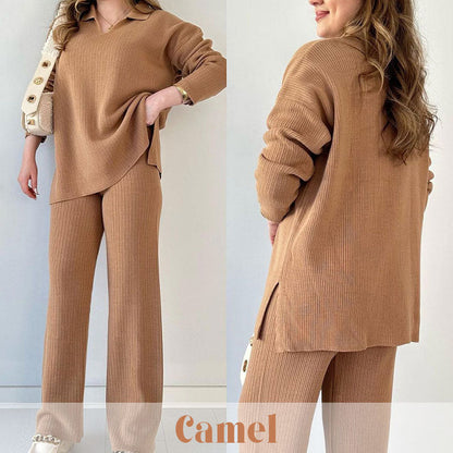 🎁 Completo casual in maglia con scollo a V e spacchi laterali