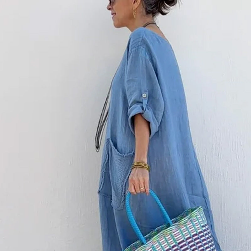 🔥 Saldi primavera 2025 - 50% di sconto✨Tuta lunga casual in cotone e lino, tinta unita, con tasche, scollo rotondo