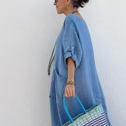 🔥 Saldi primavera 2025 - 50% di sconto✨Tuta lunga casual in cotone e lino, tinta unita, con tasche, scollo rotondo