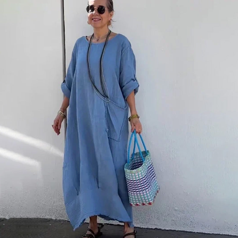 🔥 Saldi primavera 2025 - 50% di sconto✨Tuta lunga casual in cotone e lino, tinta unita, con tasche, scollo rotondo