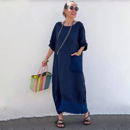 🔥 Saldi primavera 2025 - 50% di sconto✨Tuta lunga casual in cotone e lino, tinta unita, con tasche, scollo rotondo
