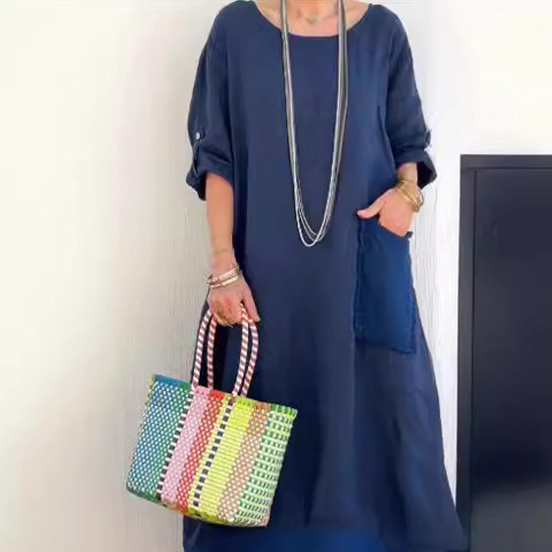 🔥 Saldi primavera 2025 - 50% di sconto✨Tuta lunga casual in cotone e lino, tinta unita, con tasche, scollo rotondo