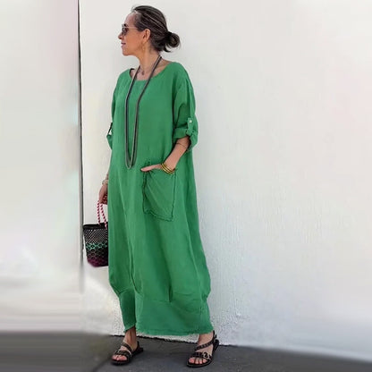 🔥 Saldi primavera 2025 - 50% di sconto✨Tuta lunga casual in cotone e lino, tinta unita, con tasche, scollo rotondo