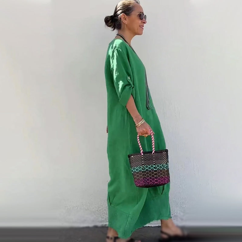 🔥 Saldi primavera 2025 - 50% di sconto✨Tuta lunga casual in cotone e lino, tinta unita, con tasche, scollo rotondo