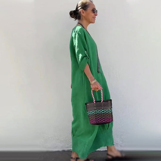🔥 Frühling 2025 Verkauf - 50% off✨Baumwolle Leinen Casual Solide Farbe Taschen Rundhalsausschnitt Lang Jumpsuit