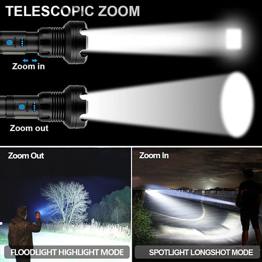 Superhelle, leistungsstarke, hohe Lumen, lange taktische Taschenlampen mit wiederaufladbarer Batterie