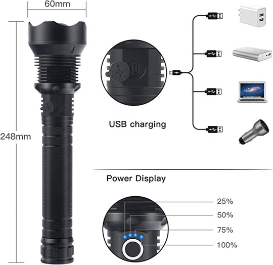 Superhelle, leistungsstarke, hohe Lumen, lange taktische Taschenlampen mit wiederaufladbarer Batterie