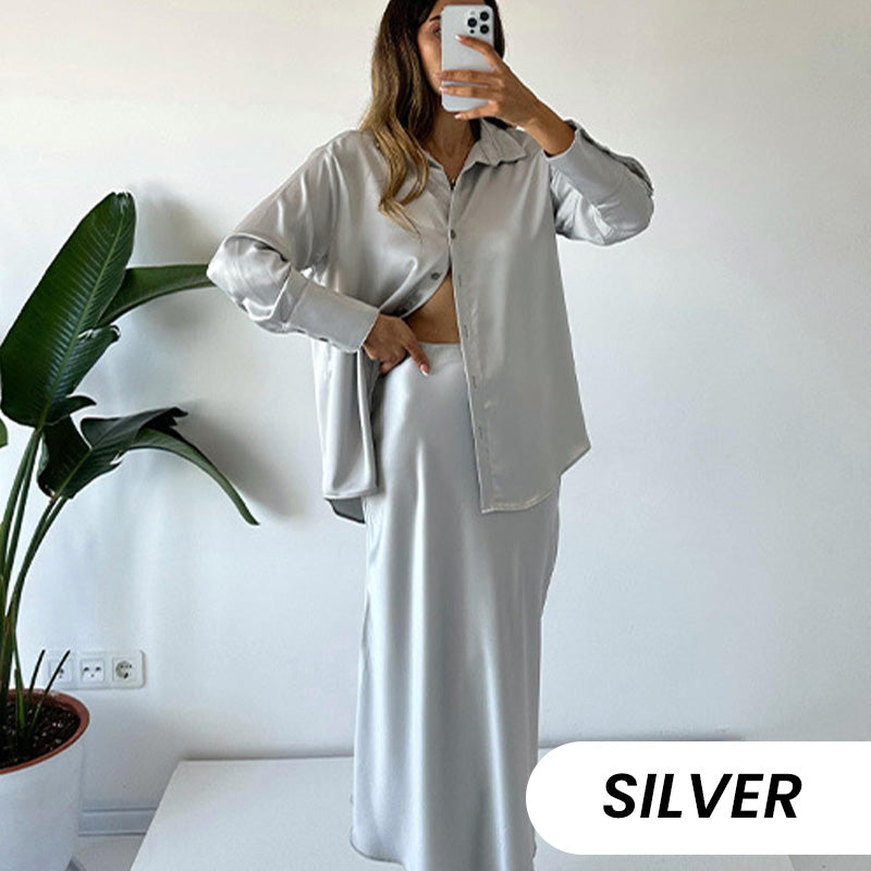 💖La elección de la fashionista🦋Conjunto de 2 piezas con camisa y falda midi plisada