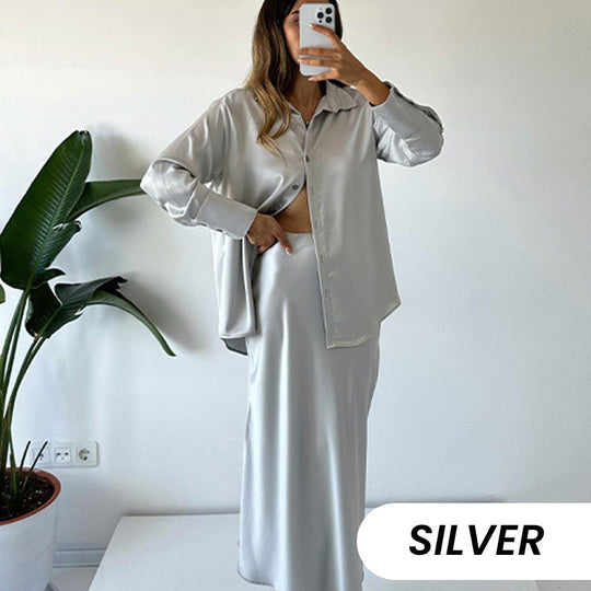 💖La elección de la fashionista🦋Conjunto de 2 piezas con camisa y falda midi plisada