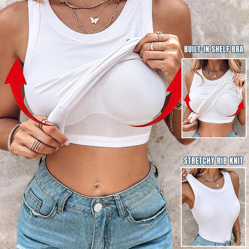👚 50% OFF NOW! 💖 Last Day Special Price!! –Ribbed Stretchy Tank Top with Shelf Bra –  Built-in support, smoothing fit &amp; no-slip straps – perfect for layering or workouts 💪
