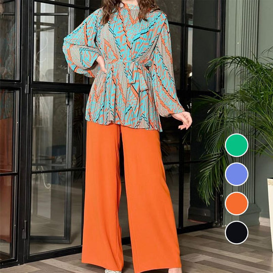 Fashion Pleated Blouse &amp; Wide Leg Pants 2 Piece Set