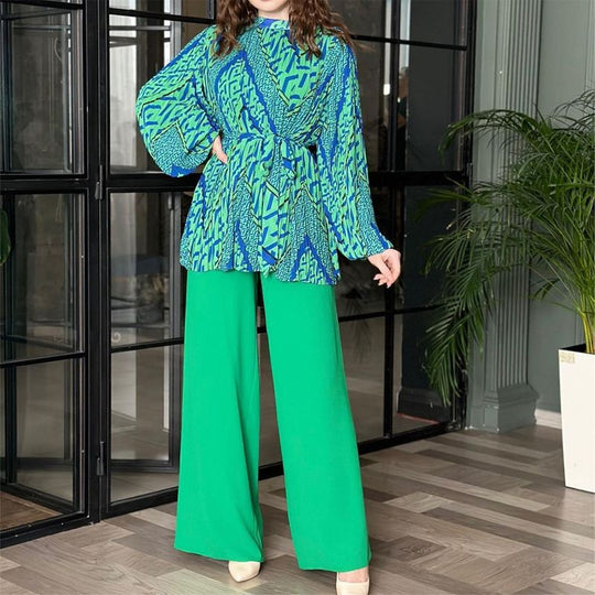 Fashionable pleated blouse &amp; pants with a wide leg, 2-part set